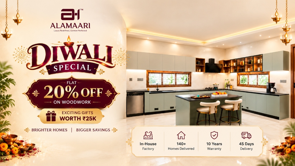 Alamaari Interiors Diwali Special — Flat 20% OFF on Woodwork plus Exciting Gifts Worth ₹25,000. In-House Factory, 140+ Homes Delivered, 10 Years Warranty, 45 Days Delivery.